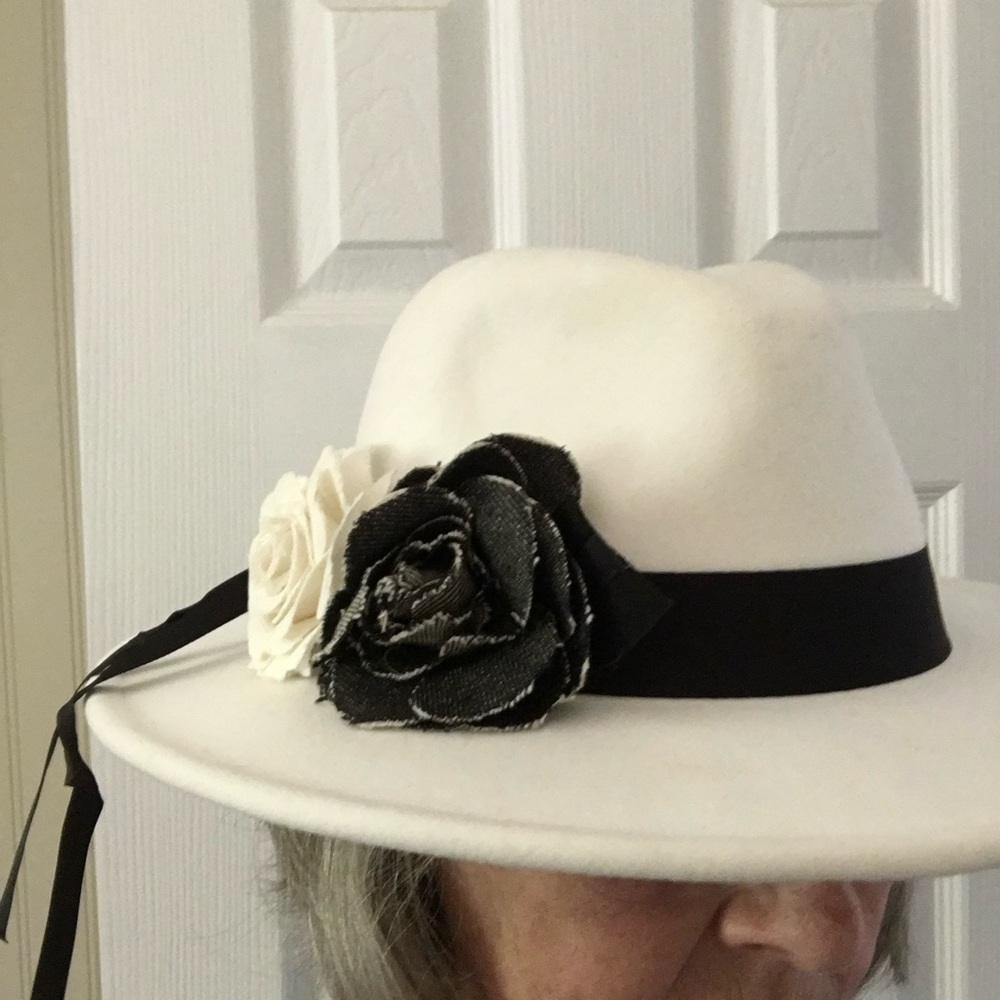 Handmade Hat Upcycled White Wool Fedora Hat with Black Band Flowers OS